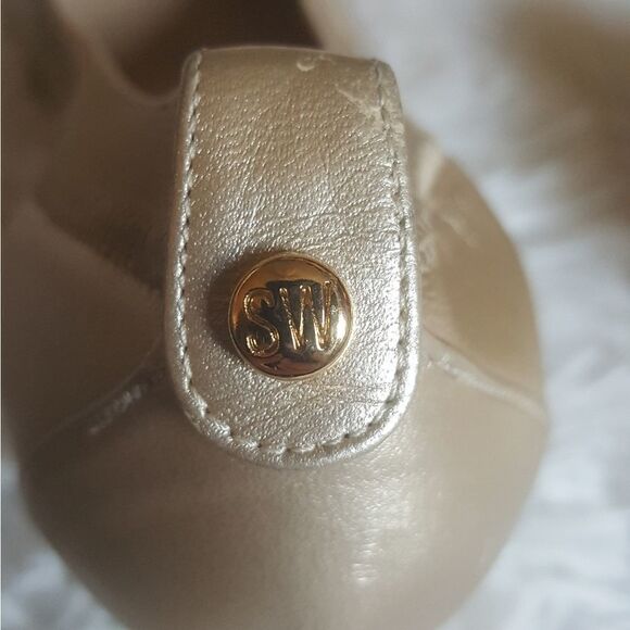 Stuart Weitzman Vintage Heels Pumps Gold Elastic Top Trim Block Heel Size 7.5 - Picture 13 of 16